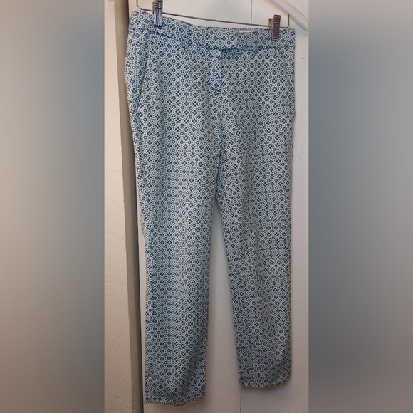 Cynthia Rowley Blue White Printed Straight Leg Cigarette Pant Size 0 Preppy - Picture 1 of 11